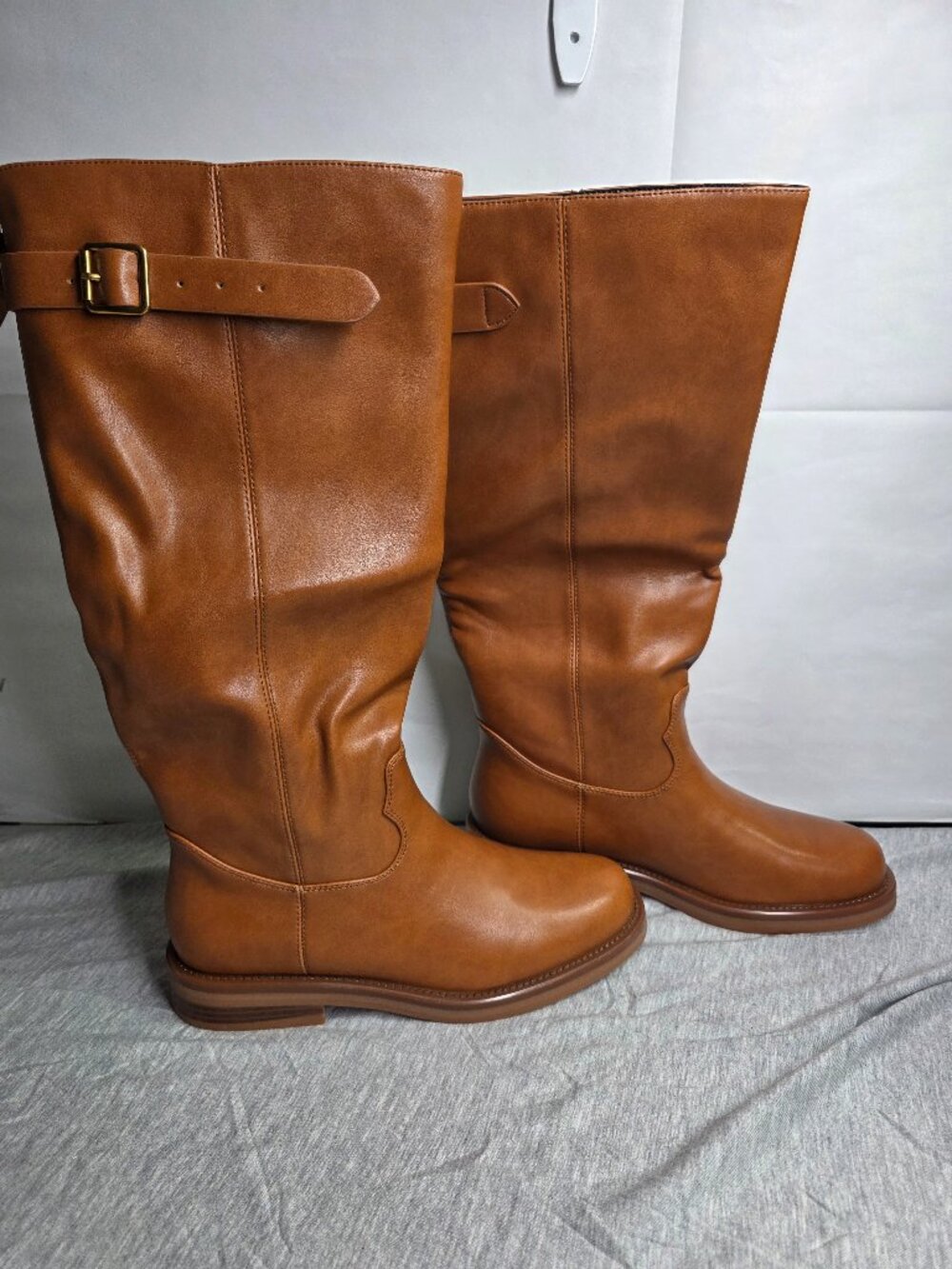 Lumuta Women's Tall Riding Boots Brown Faux Leather Knee High Buckle